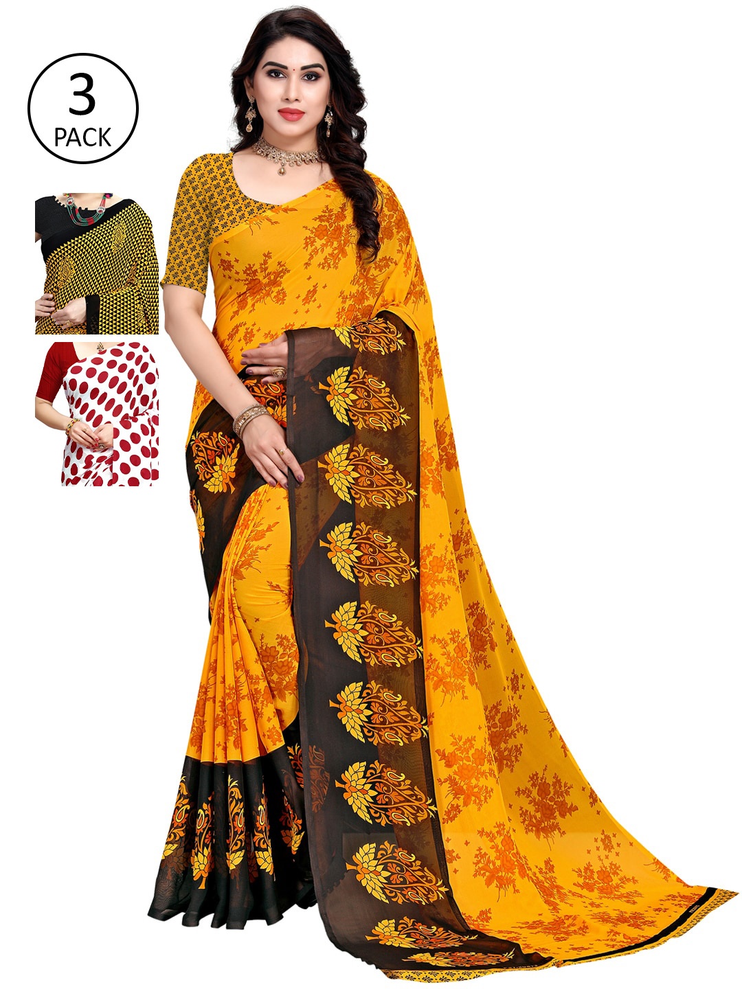

KALINI Multicolour Printed Poly Georgette Daily Wear Sarees-Pack of 3, Yellow
