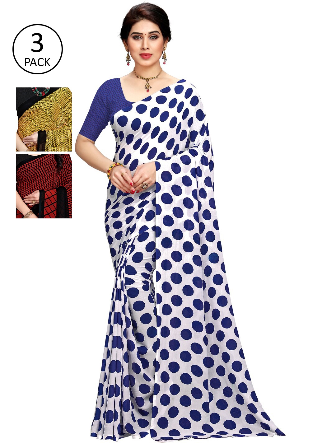 

KALINI Pack Of 3 White & Red & Yellow Printed Sarees