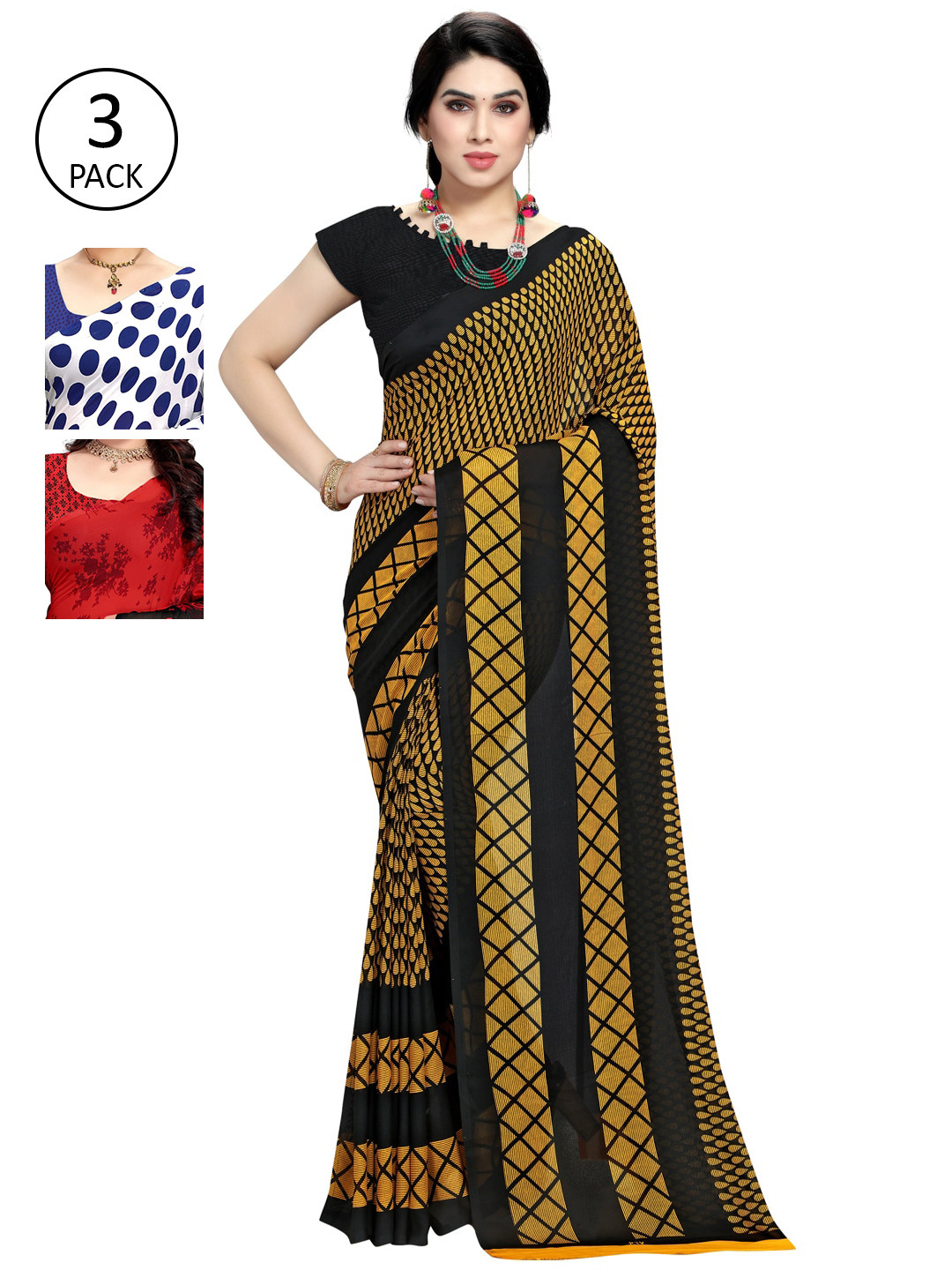 

KALINI Pack Of 3 Multicoloured Printed Sarees, Blue