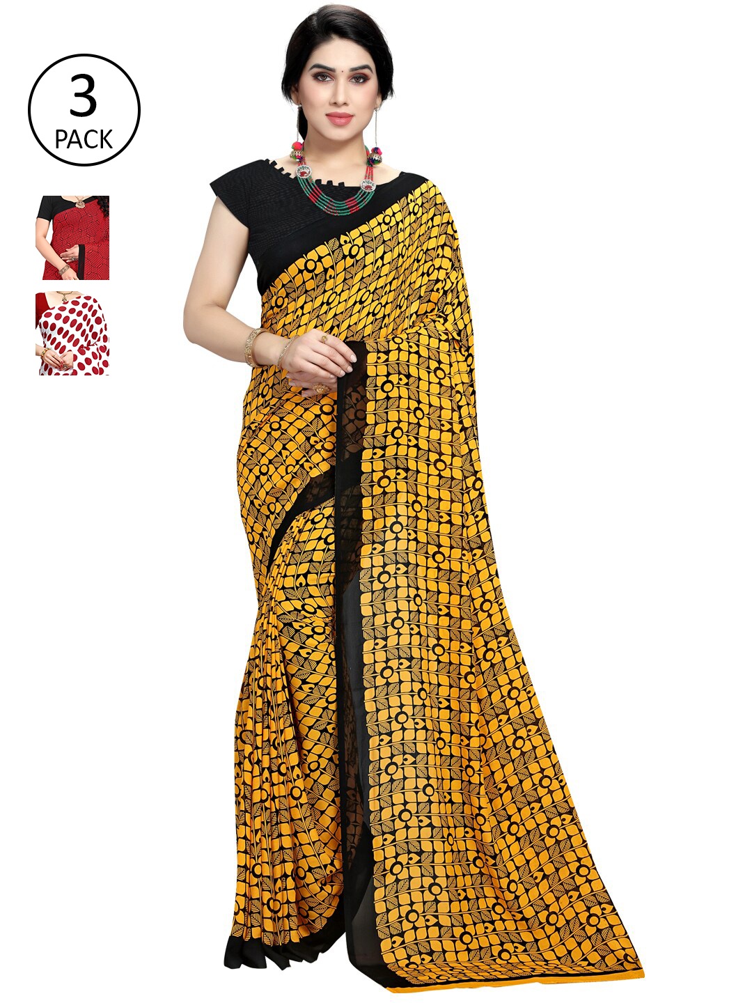 KALINI Pack Of 3 Multicoloured Printed Sarees, Red