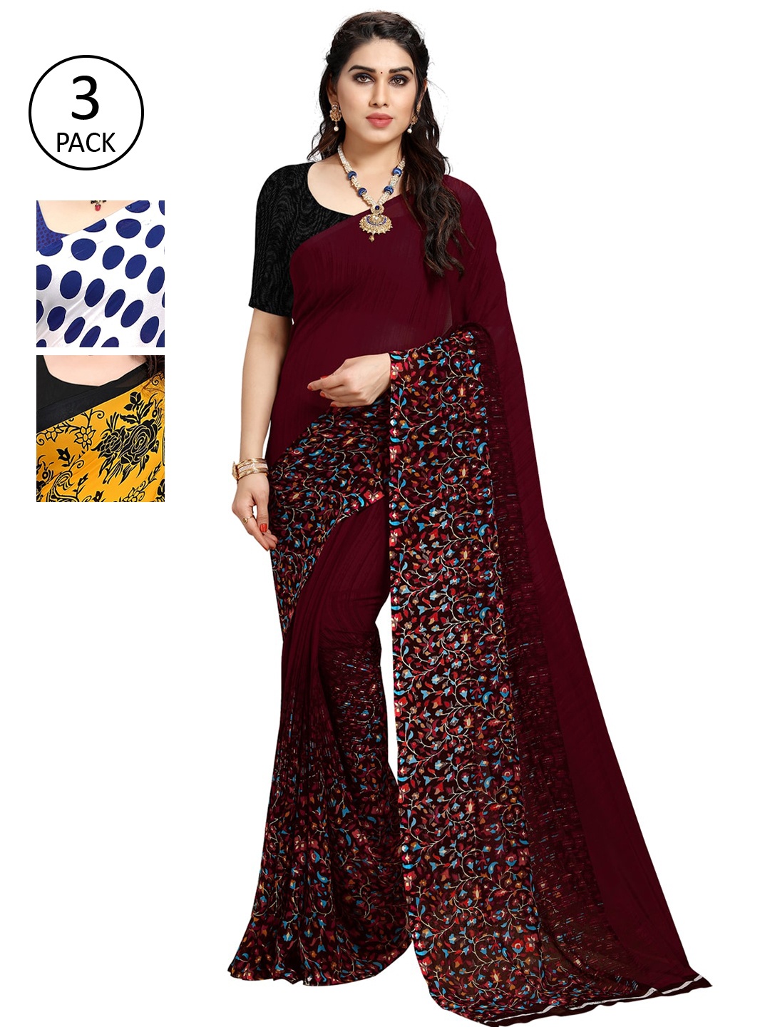 

KALINI Women Pack of 3 Printed Sarees, White