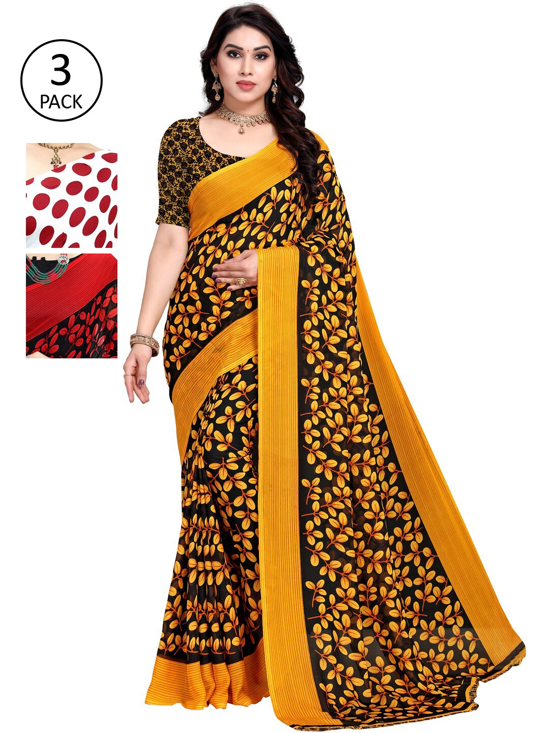

KALINI Pack of 3 Poly Georgette Printed Sarees, White