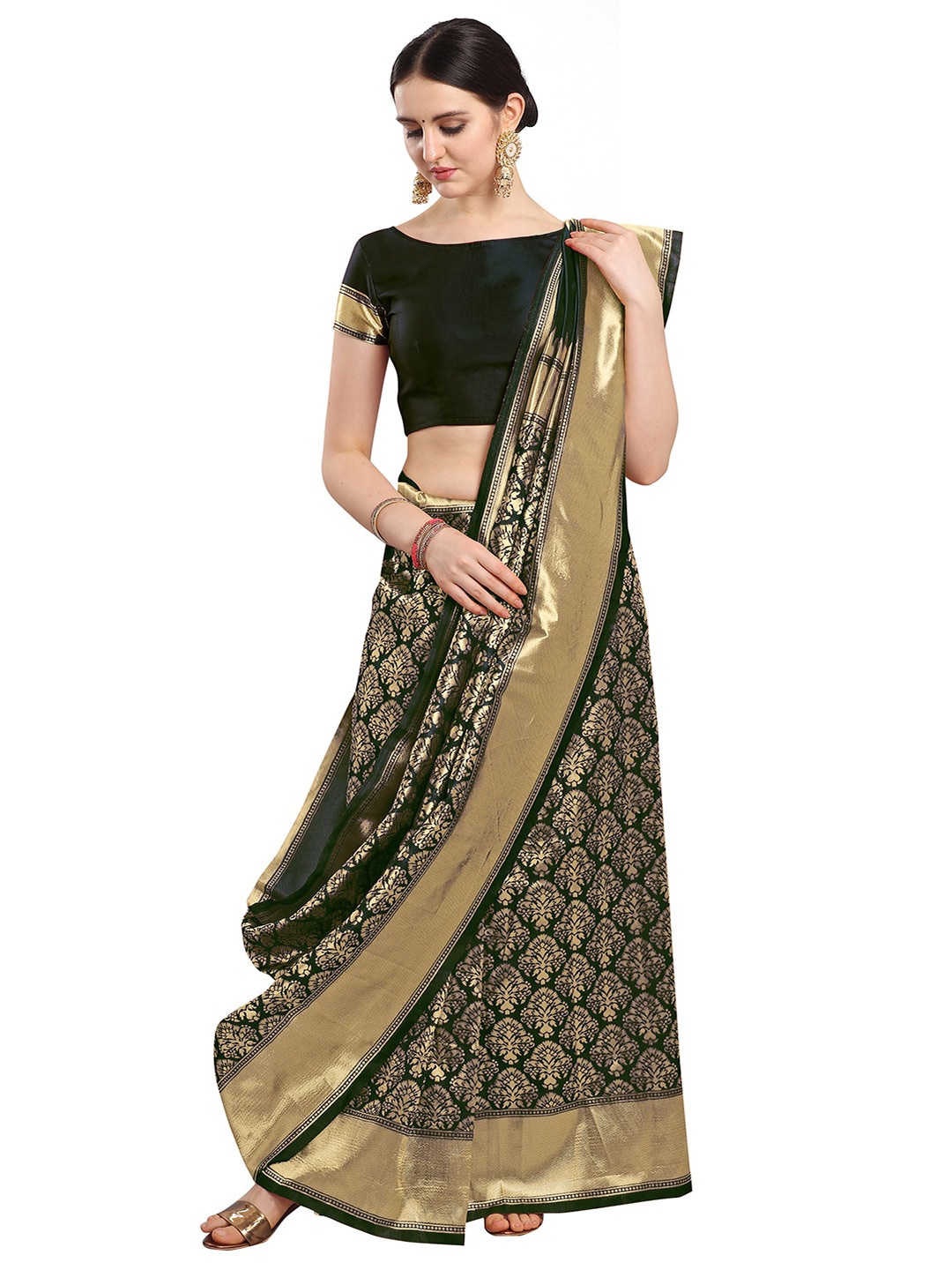 

KALINI Black & Gold-Toned Ethnic Motifs Zari Silk Blend Fusion Banarasi Saree
