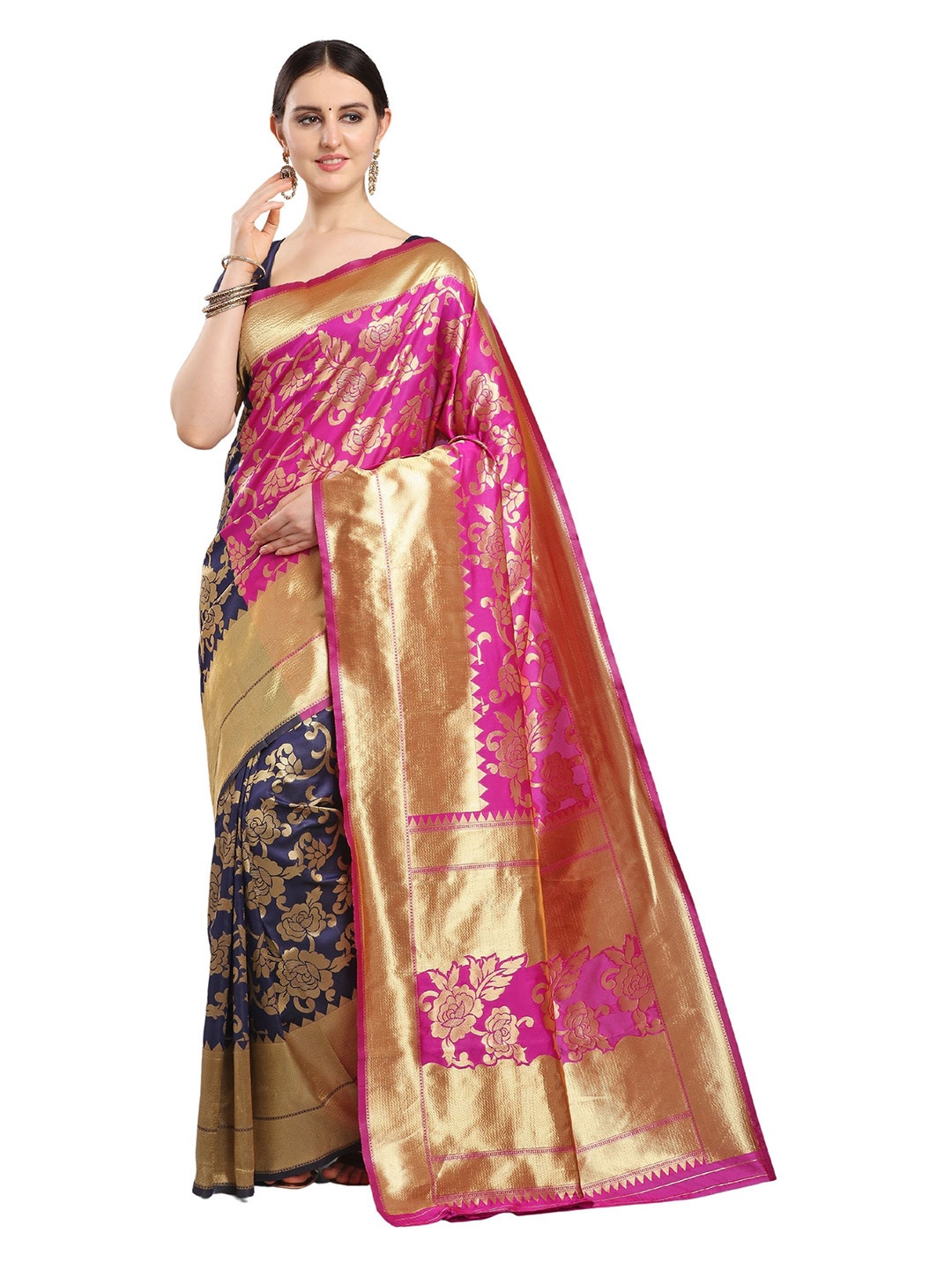 

KALINI Pink & Navy Blue Floral Zari Half and Half Banarasi Saree
