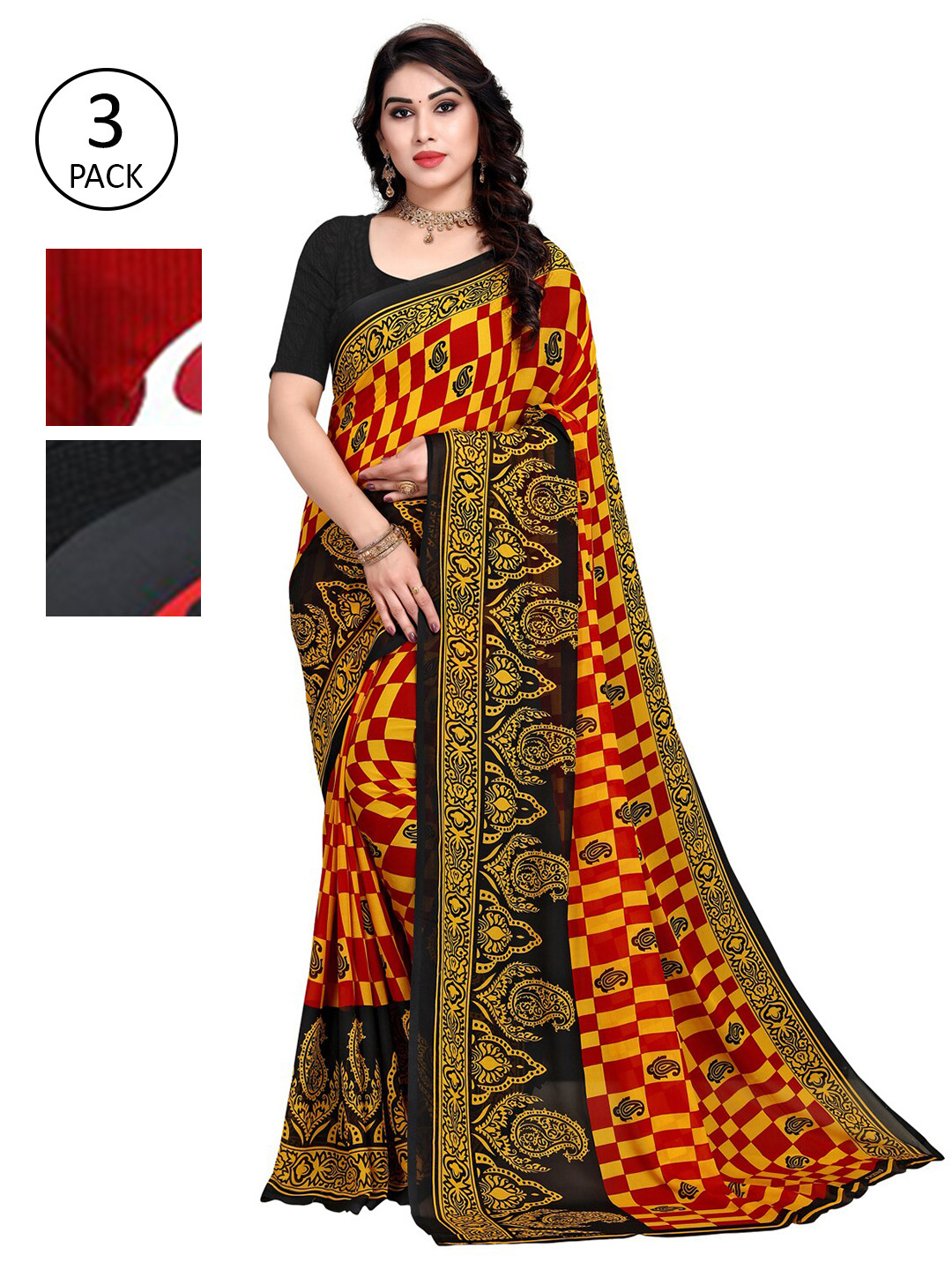 

KALINI Set of 3 Yellow, White & Red Sarees