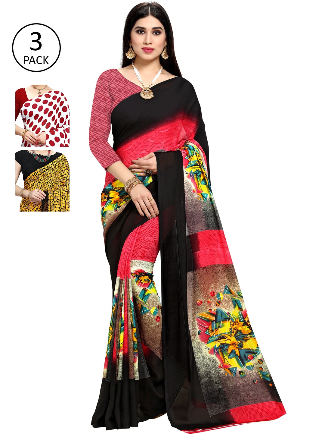 

KALINI Pack Of 3 Printed Poly Georgette Sarees, Red