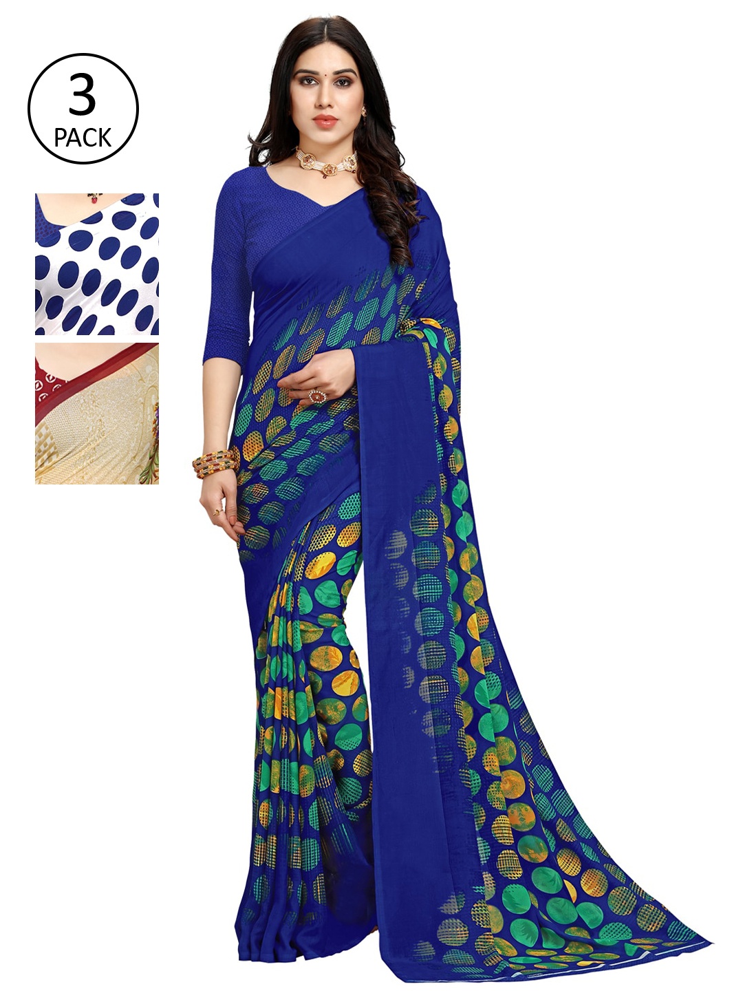 

KALINI Pack of 3 Poly Georgette Printed Sarees, Navy blue