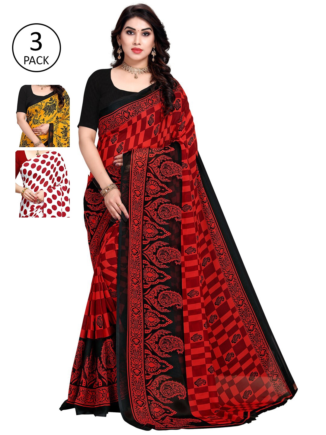 

KALINI Set of 3 Red, White & Yellow Printed Sarees