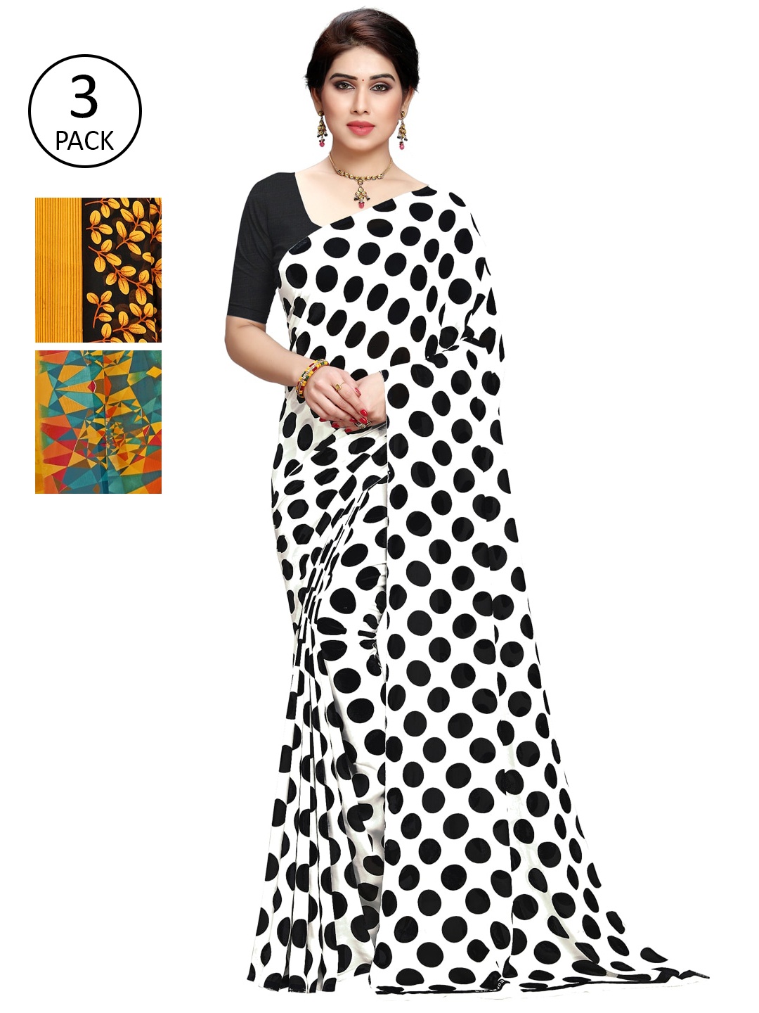

KALINI Pack Of 3 Multicoloured Printed Sarees, Black