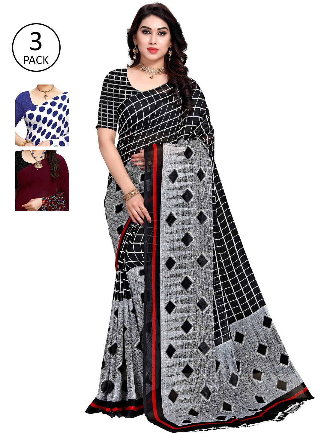 

KALINI Women Pack of 3 Printed Sarees, White
