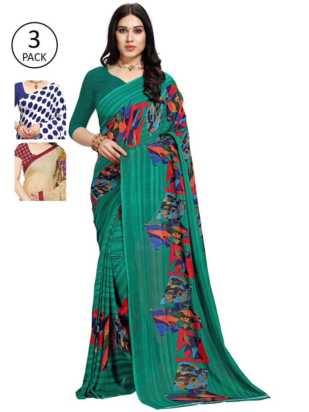 

KALINI Pack of 3 Poly Georgette Printed Sarees, White