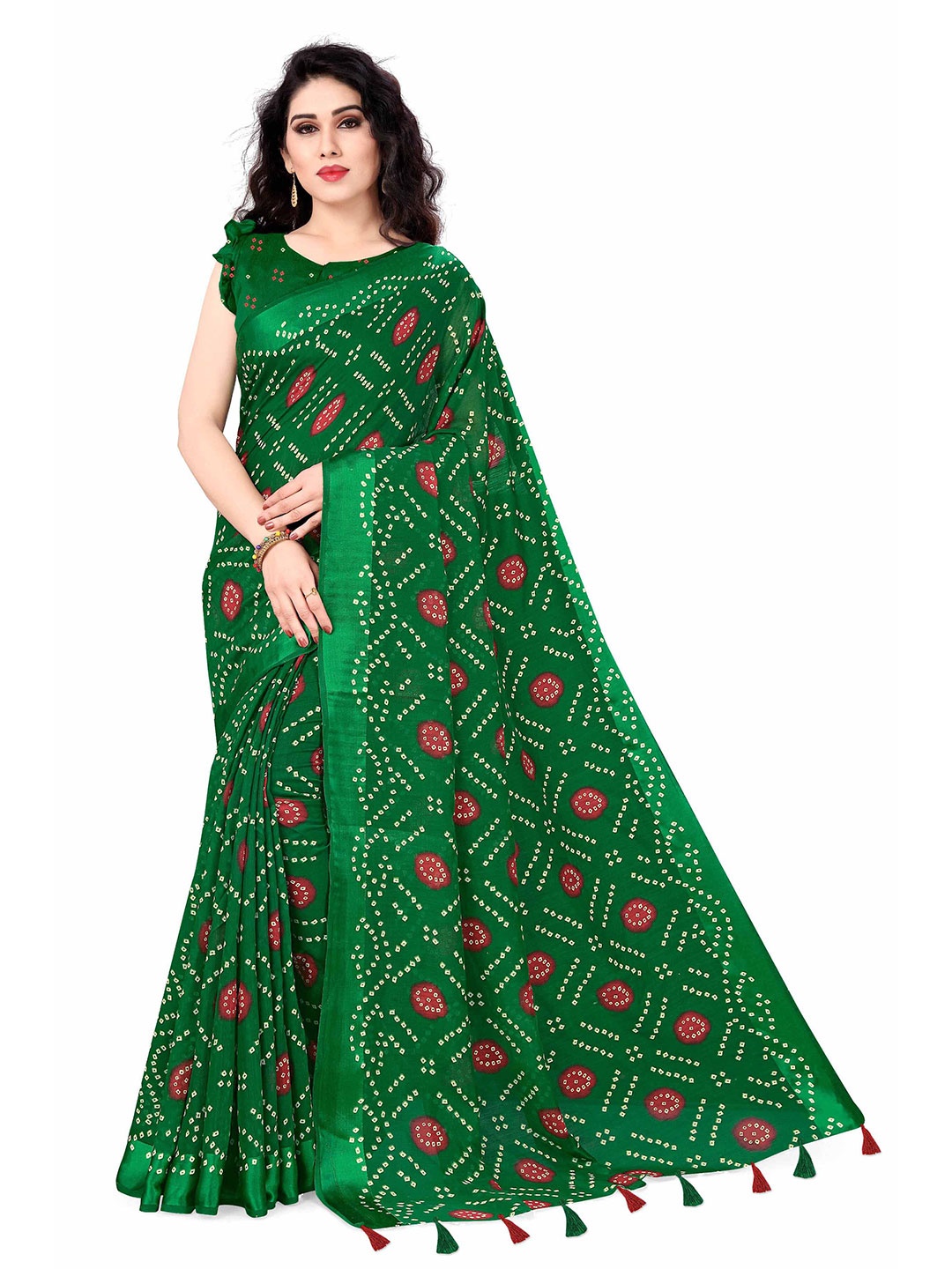 

KALINI Green & Red Bandhani Saree