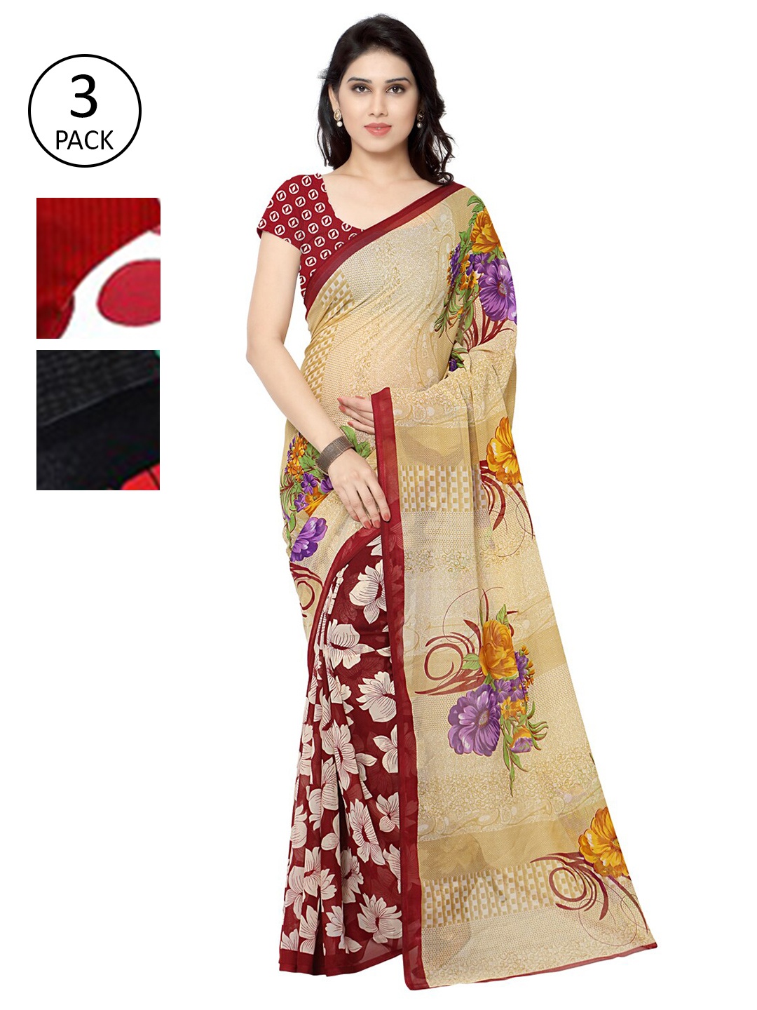 

KALINI Multi Printed Georgette Daily Wear Sarees-Pack of 3, White