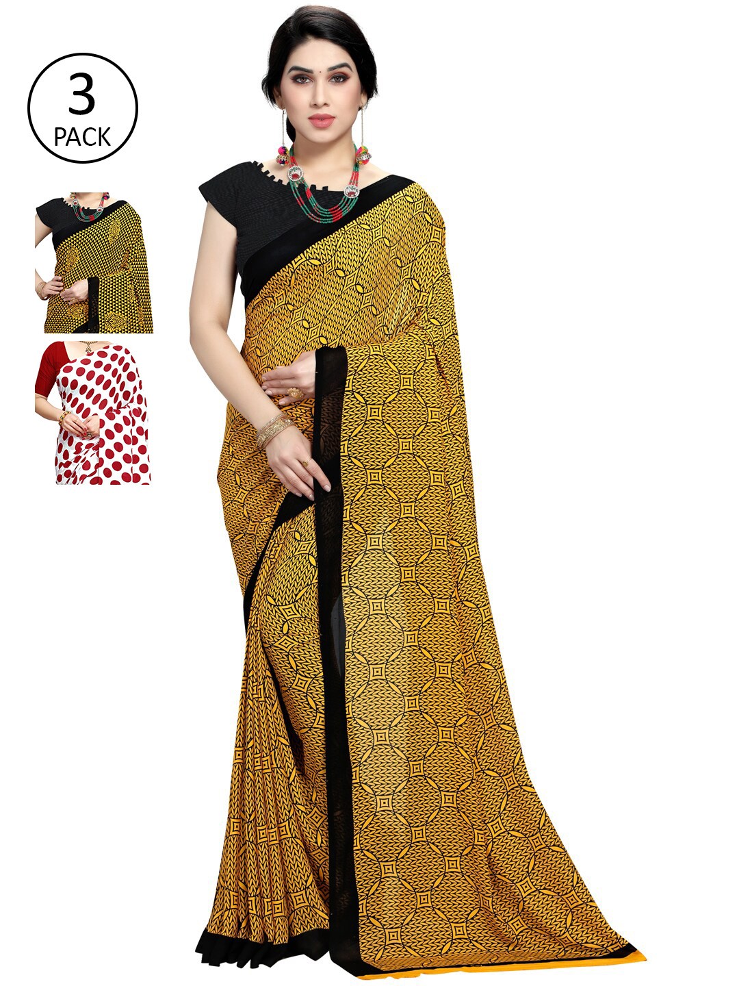 

KALINI Pack of 3 Poly Georgette Printed Sarees, White