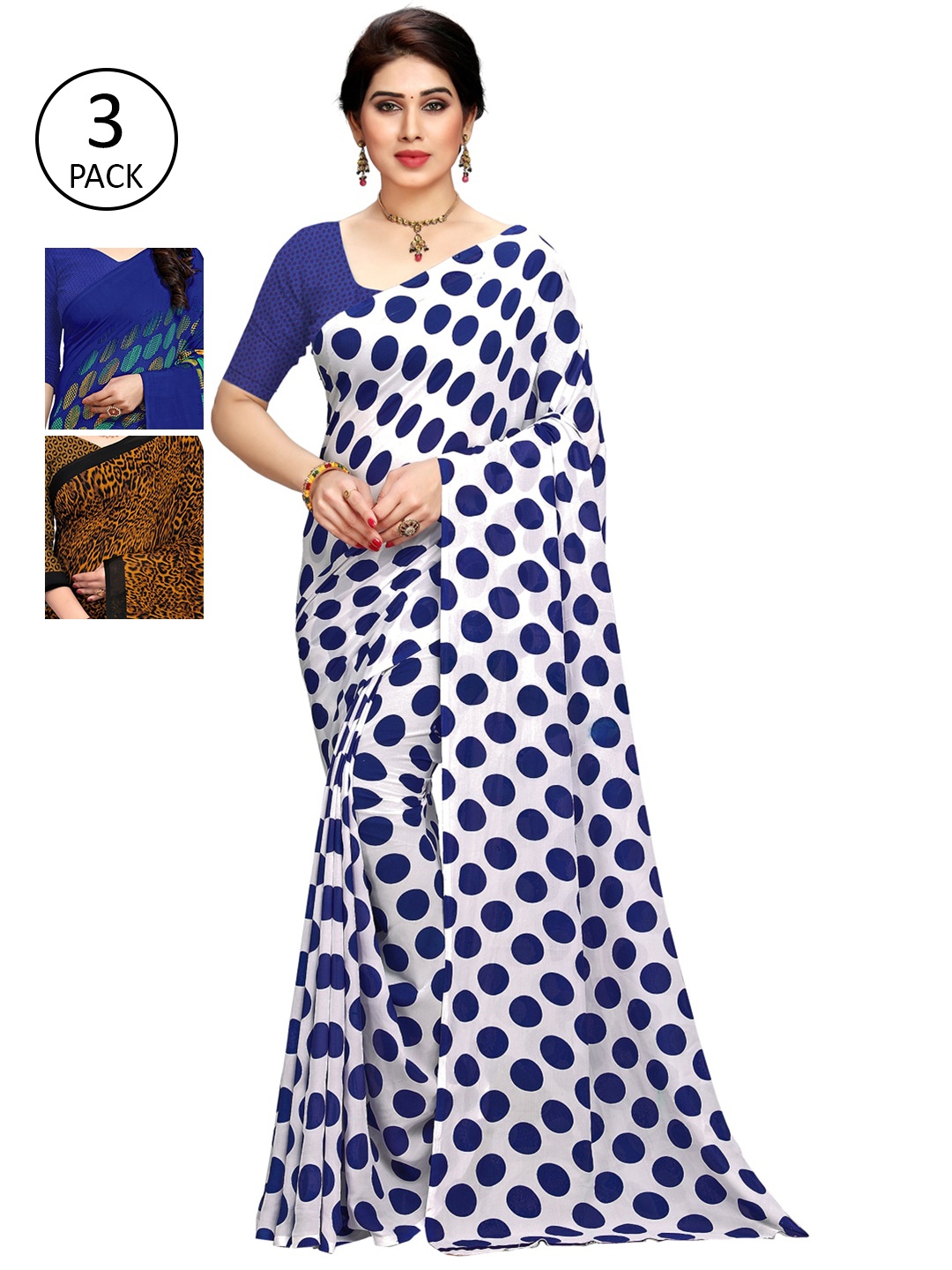 

KALINI Pack of 3 Printed Sarees with Unstitched Blouse Pieces, Multi