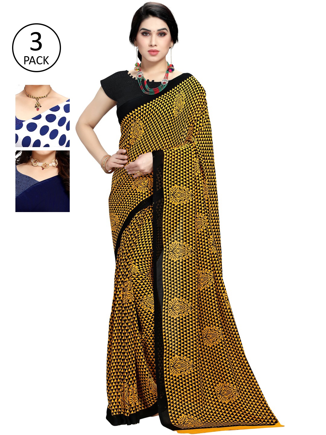 

KALINI Pack Of 3 Printed Saree, Navy blue