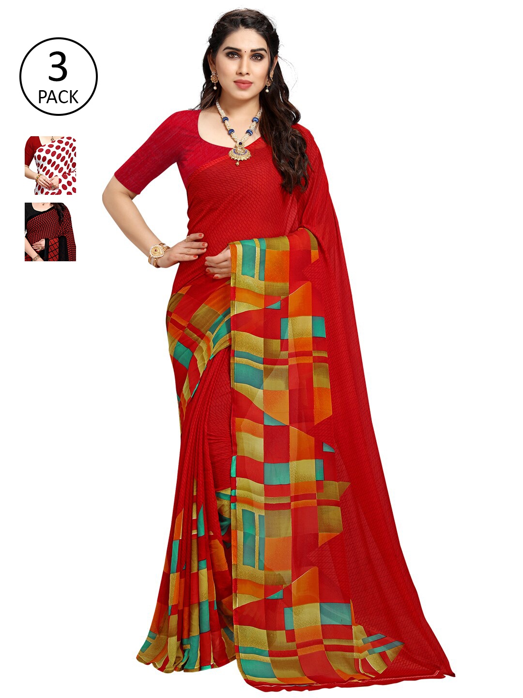 

KALINI Pack of 3 Poly Georgette Printed Sarees, Red
