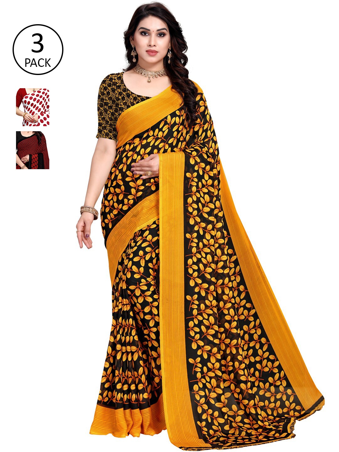 

KALINI Multi Printed Georgette Daily Wear Saree-Pack of 3, Red