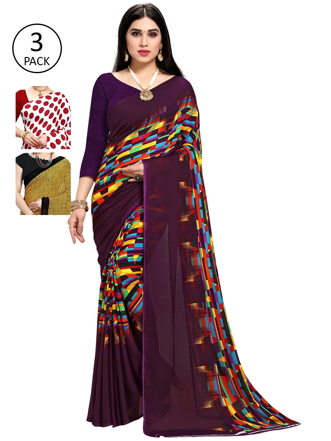 

KALINI Pack Of 3 Sarees, Purple