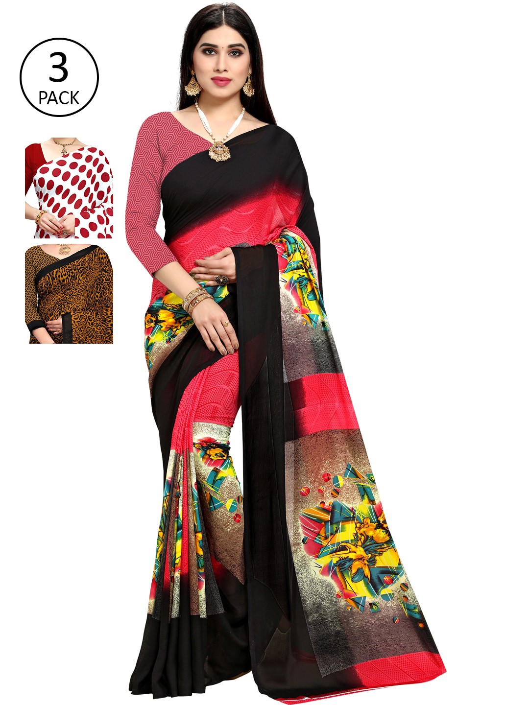 ANAND SAREES Set Of 3 Multicoloured Poly Georgette Printed Sarees, Multi