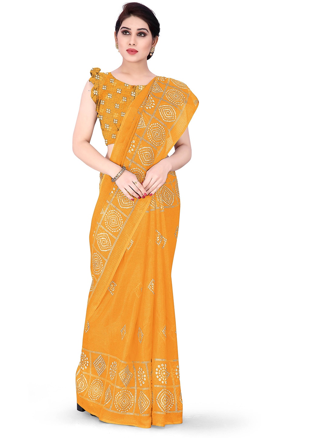 

KALINI Mustard Yellow & White Geometric Printed Kota Doria Saree