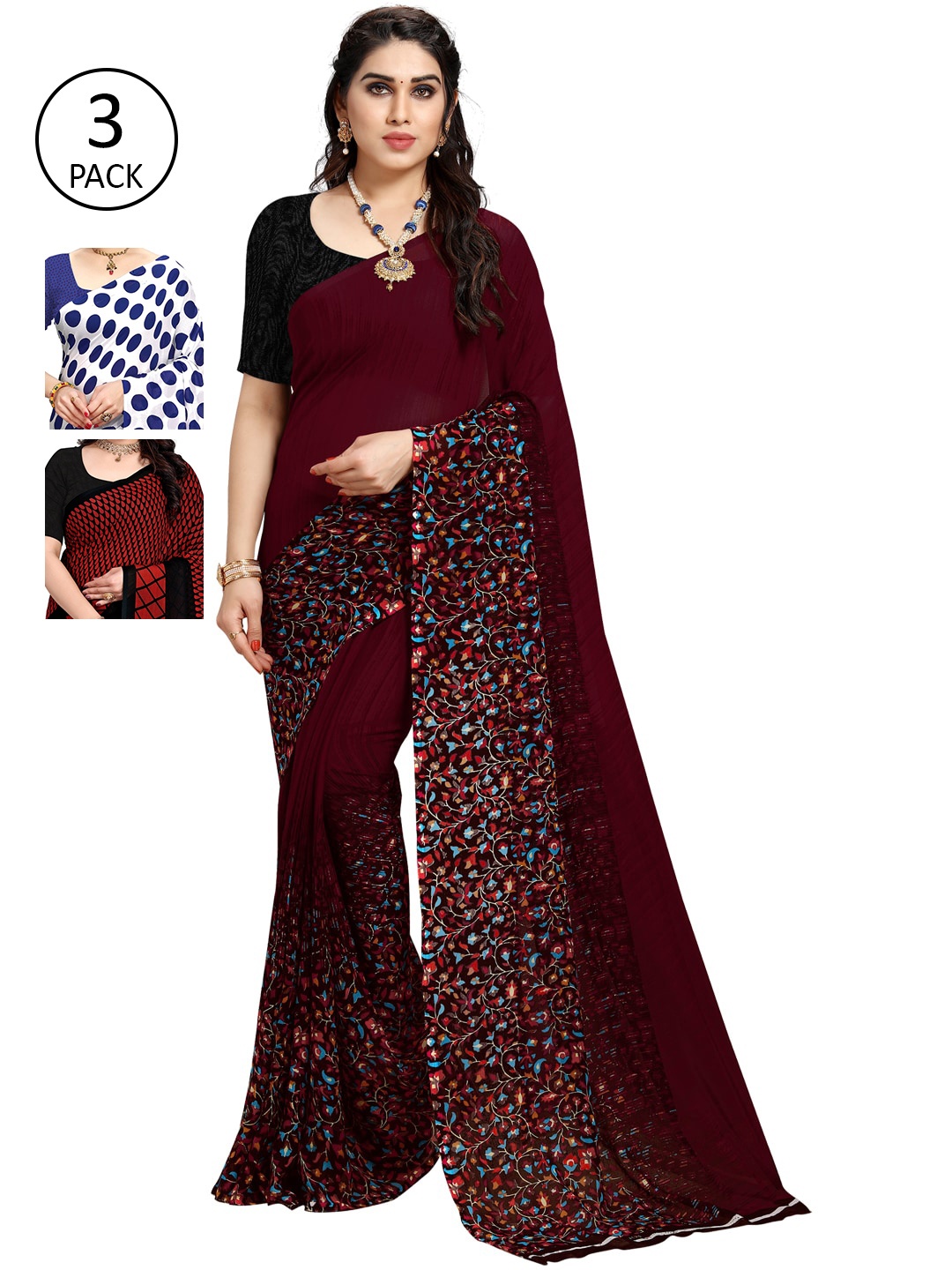 

KALINI Pack of 3 Poly Georgette Printed Sarees, White