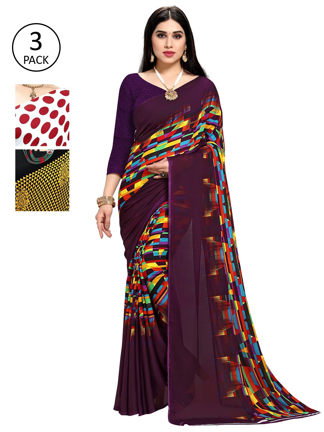 

KALINI Pack of 3 Poly Georgette Sarees, White