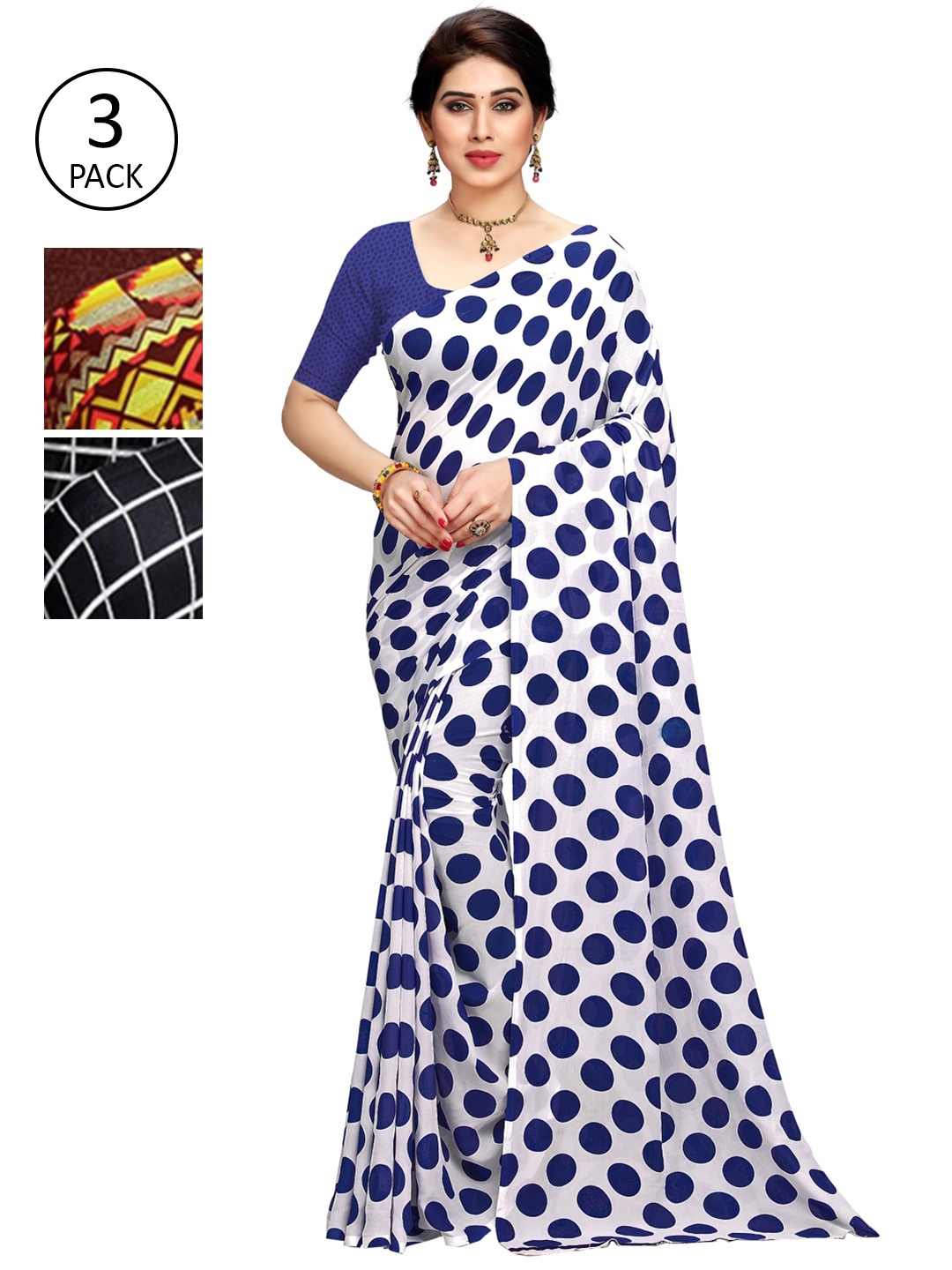 

KALINI Pack of 3 Poly Georgette Printed Sarees, Coffee brown