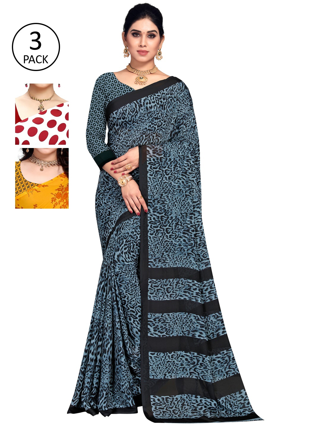 

KALINI Pack of 3 Poly Georgette Printed Sarees, White
