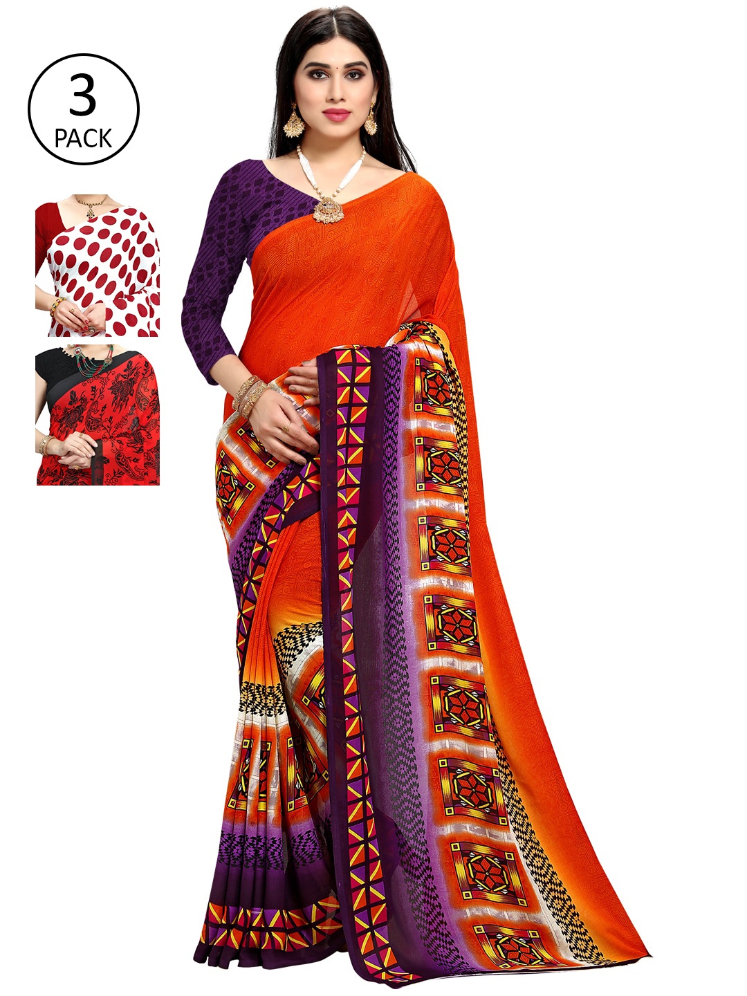 

KALINI Pack Of 3 Red & White Saree