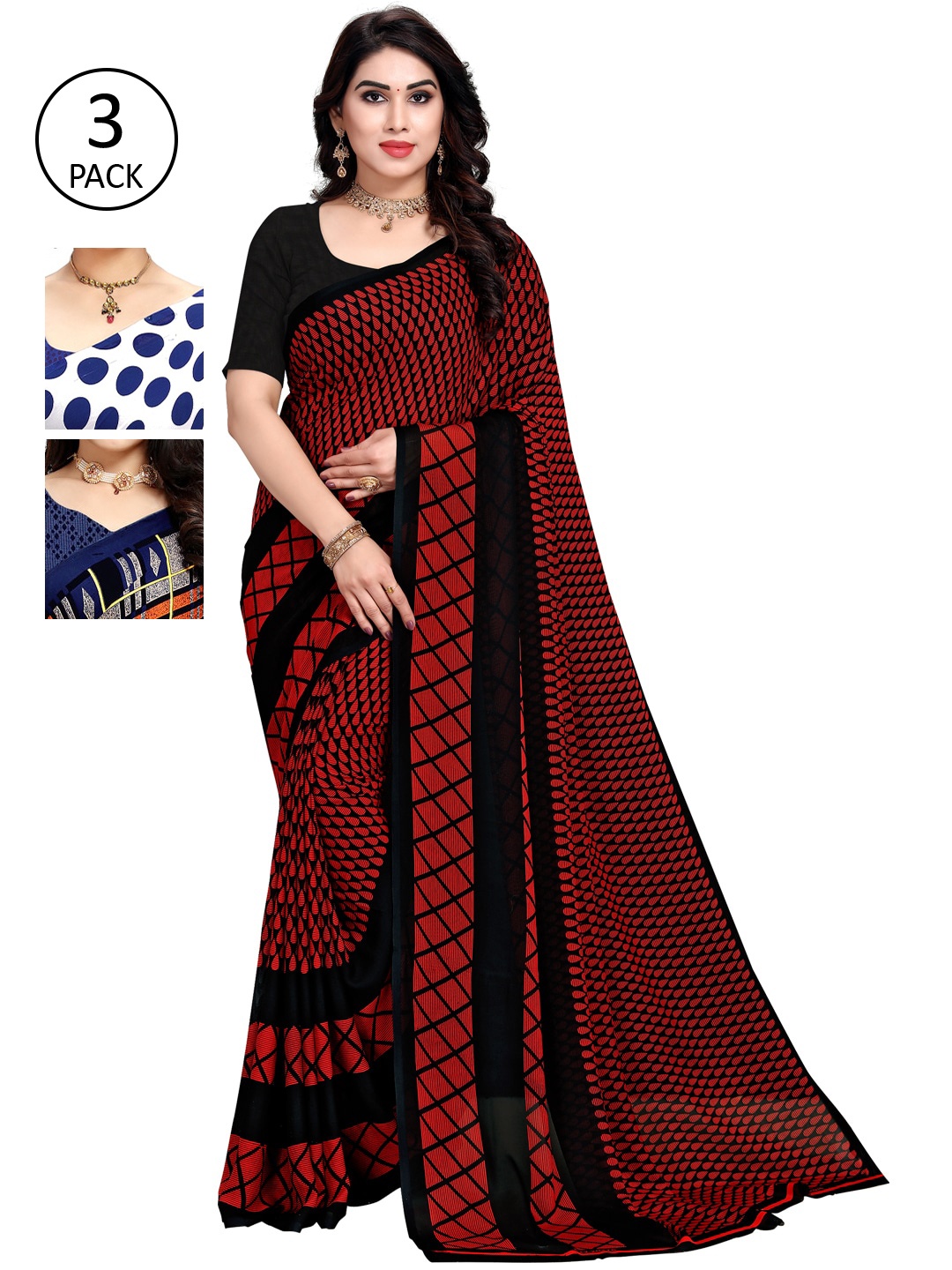 

KALINI Pack Of 3 Printed Saree, Navy blue