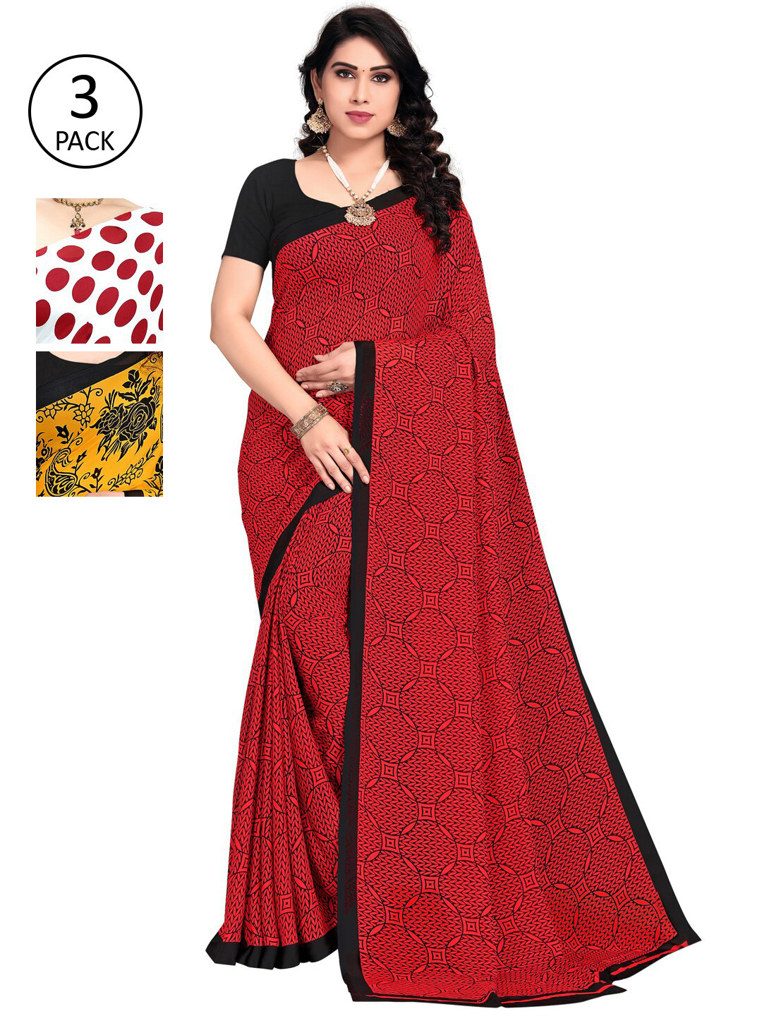 

KALINI Pack Of 3 Multicoloured Printed Sarees, Red