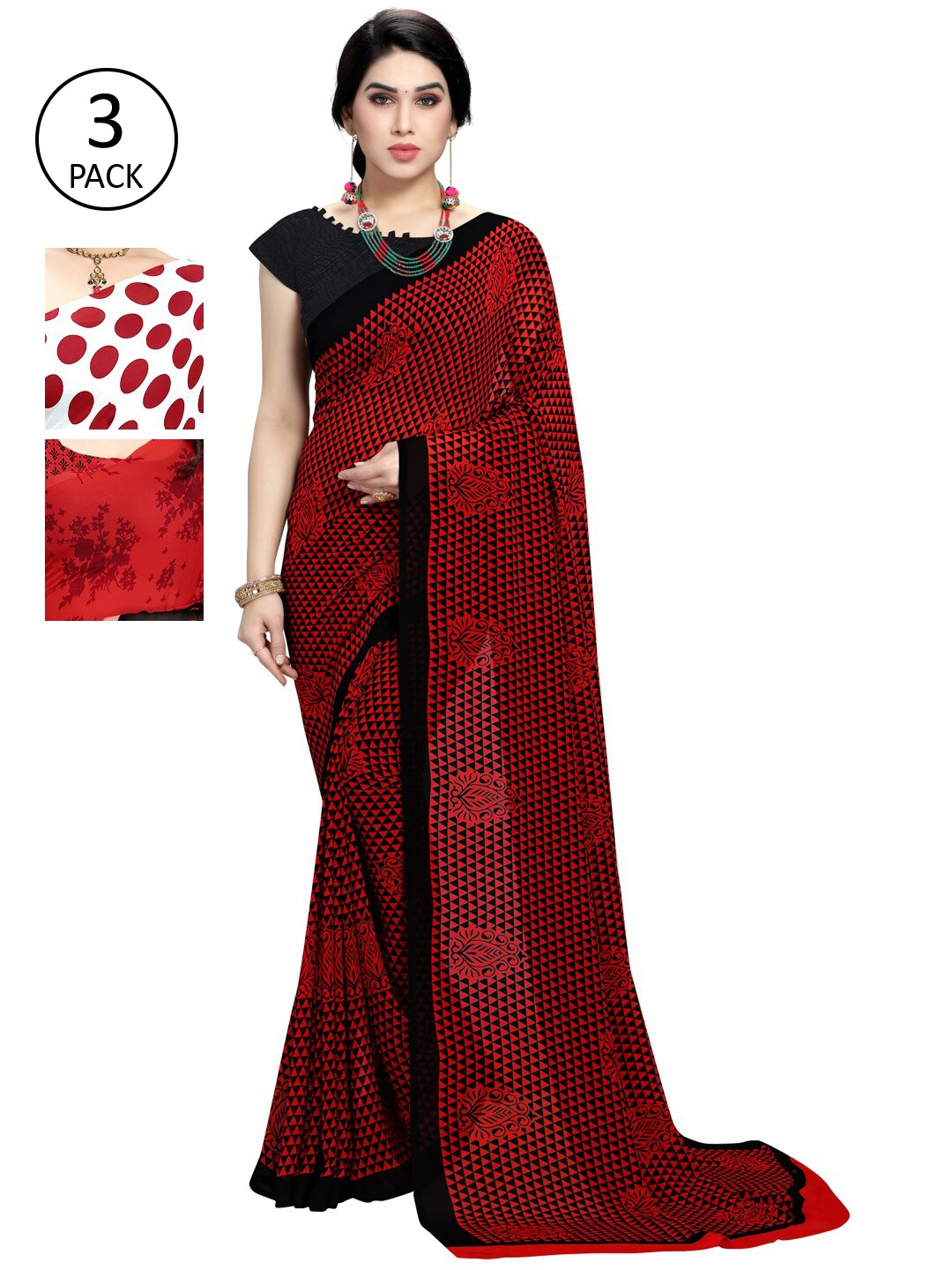 

Kalini Multicolor Georgette Printed Daily Wear Saree With Unstitched Blouse(Pack of 3), Red