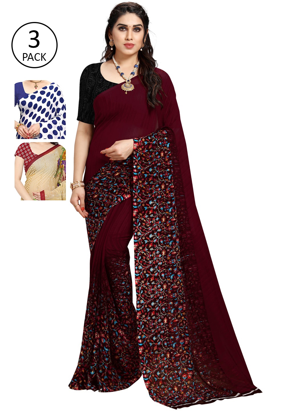 

KALINI Pack of 3 Printed Sarees, Multi