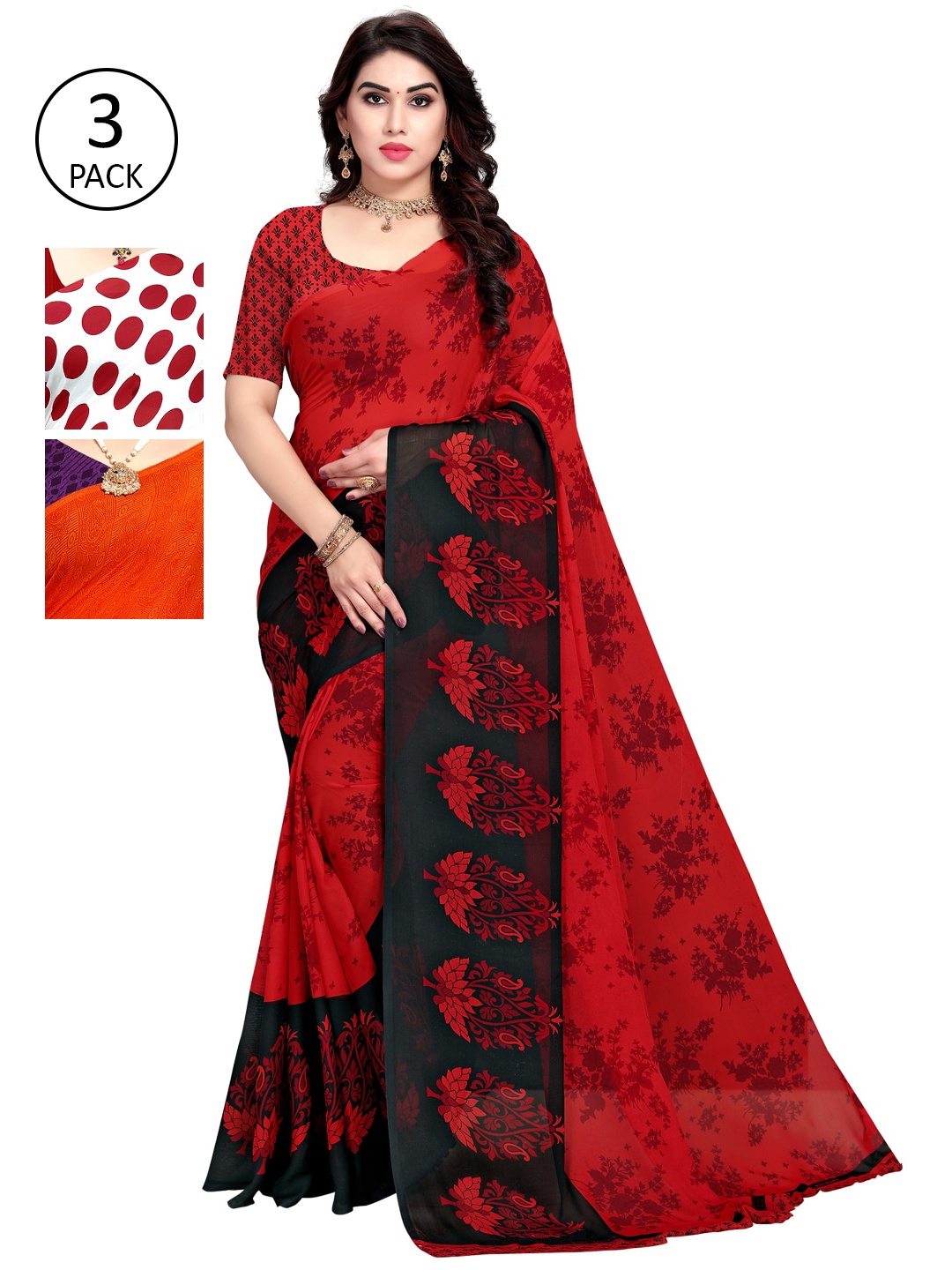 

KALINI Pack of 3 Poly Georgette Saree, White