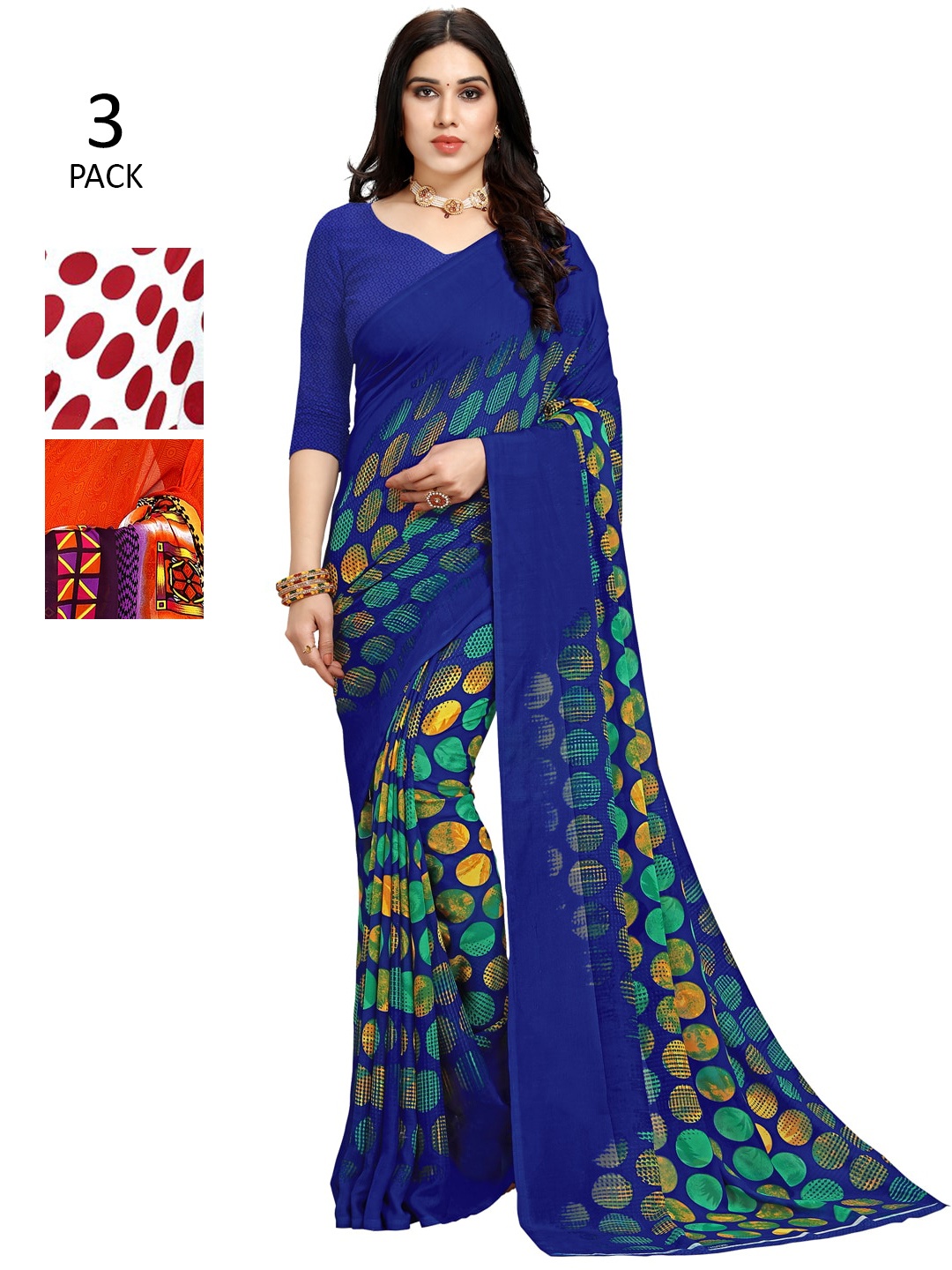 

KALINI Pack Of 3 Red & Blue Saree