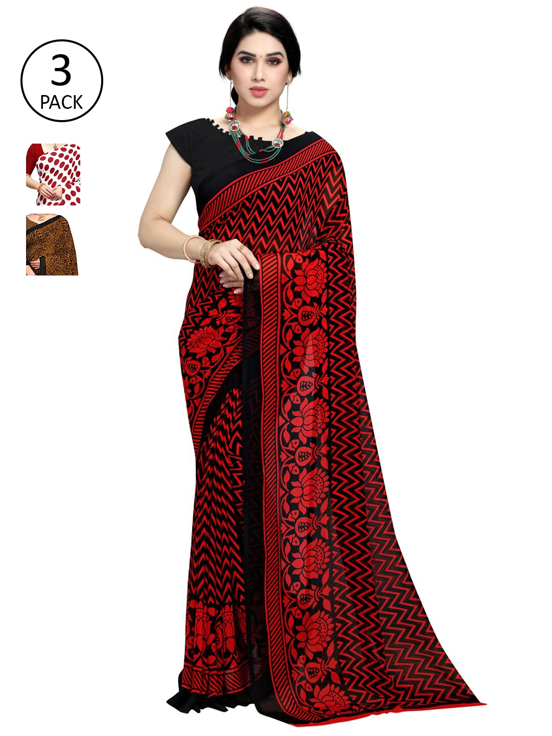 

KALINI Set of 3 Red, White & Yellow Sarees