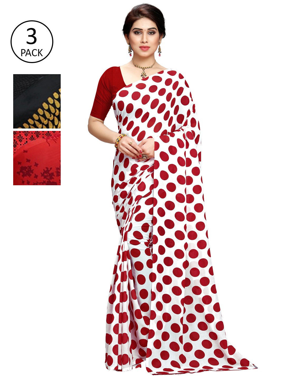 

KALINI Pack of 3 Poly Georgette Printed Sarees, Red
