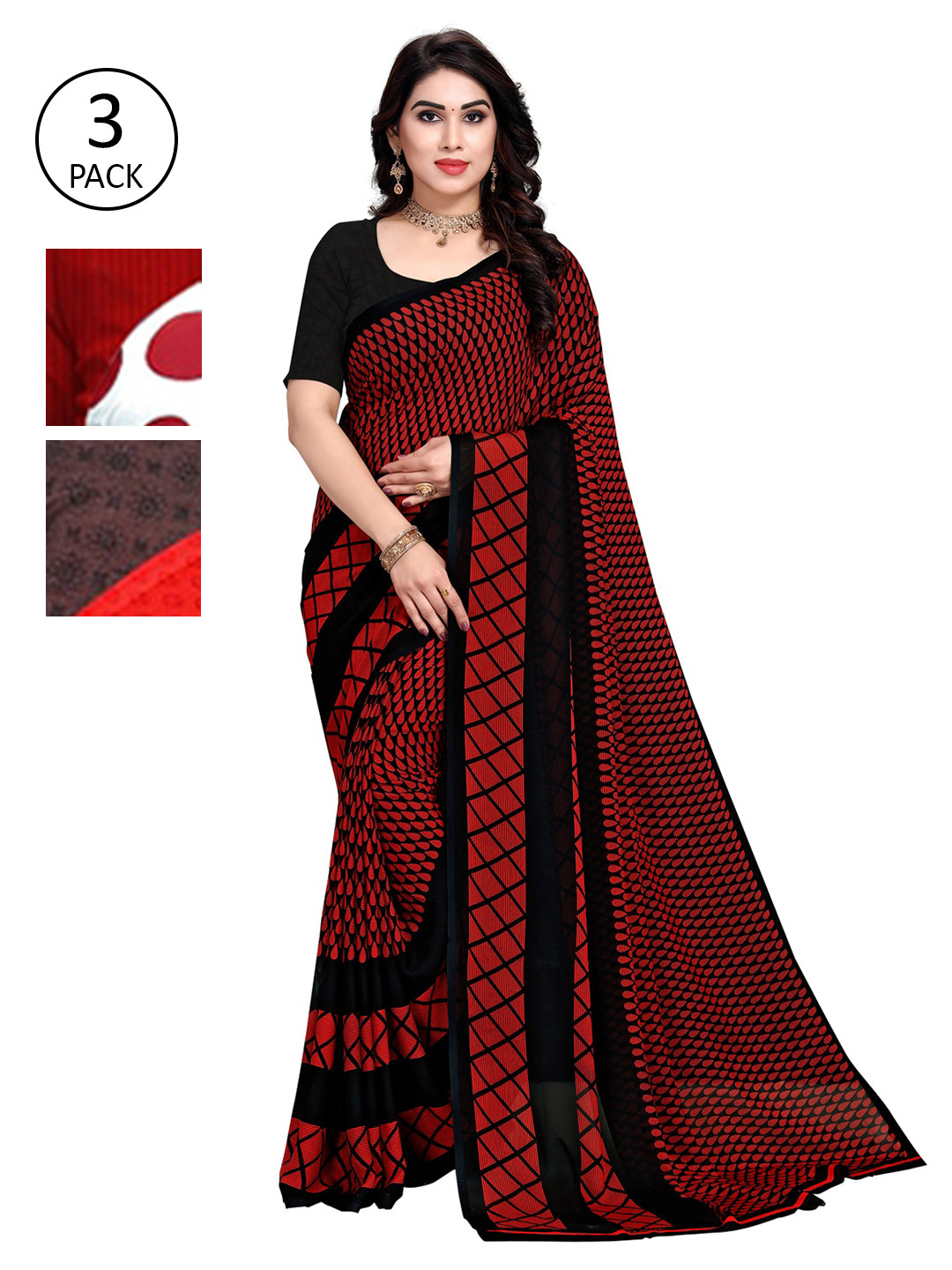 

KALINI Pack of 3 Poly Georgette Sarees, Red