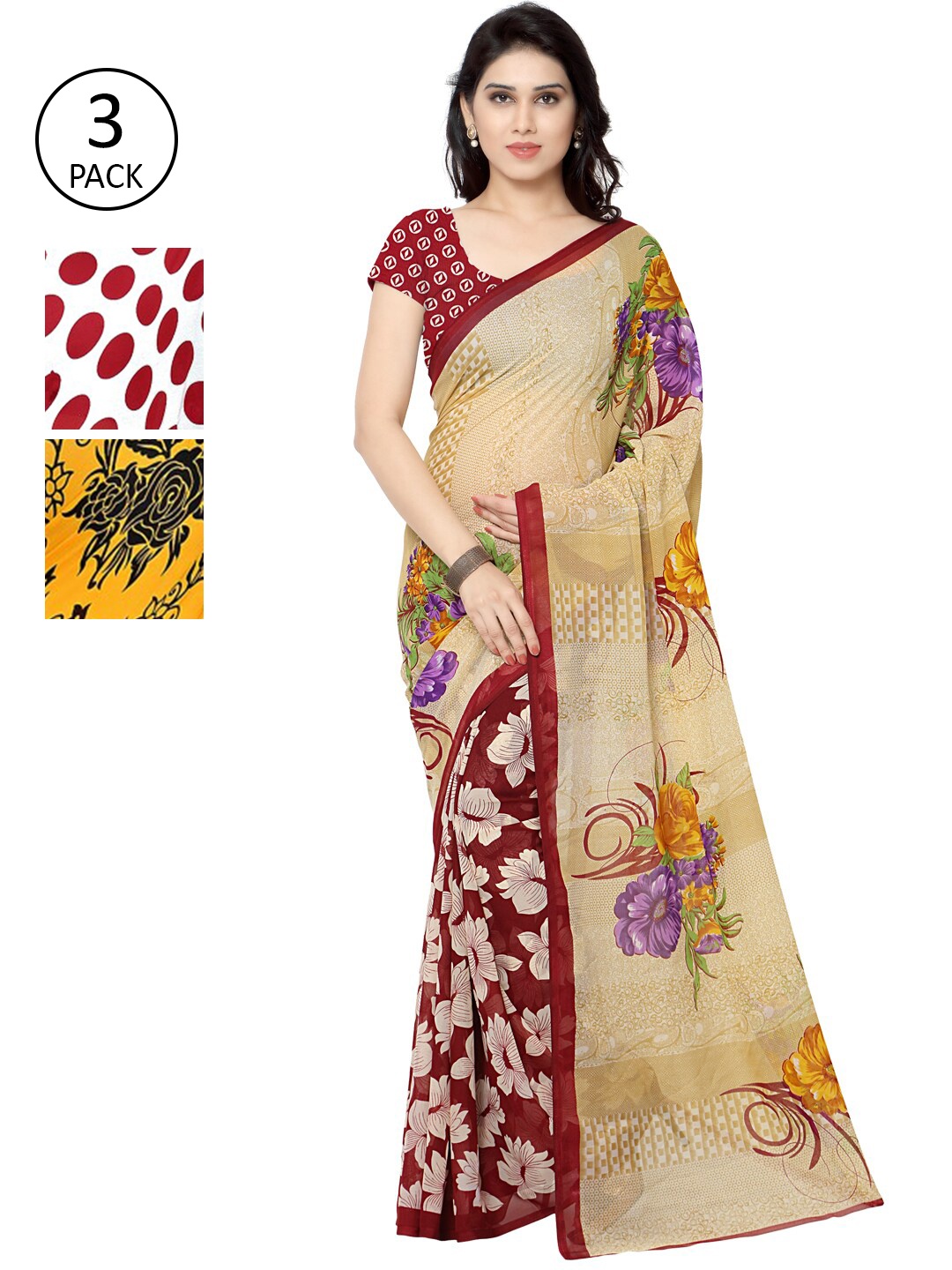 

KALINI Pack of 3 Poly Georgette Printed Sarees, Red