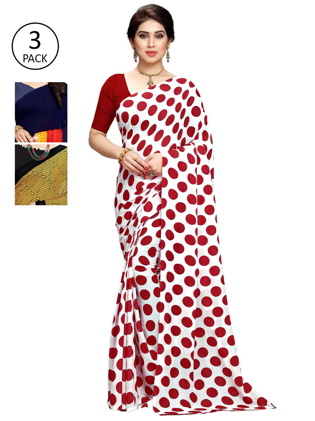 

KALINI Pack of 3 Poly Georgette Saree, Red