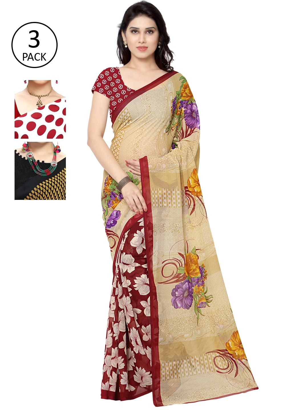 

KALINI Pack of 3 Poly Georgette Printed Sarees, Red