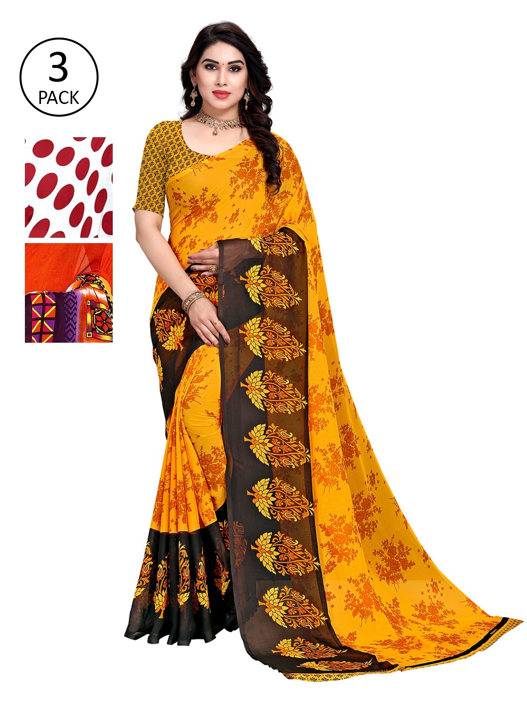 

KALINI Pack of 3 Poly Georgette Sarees, White