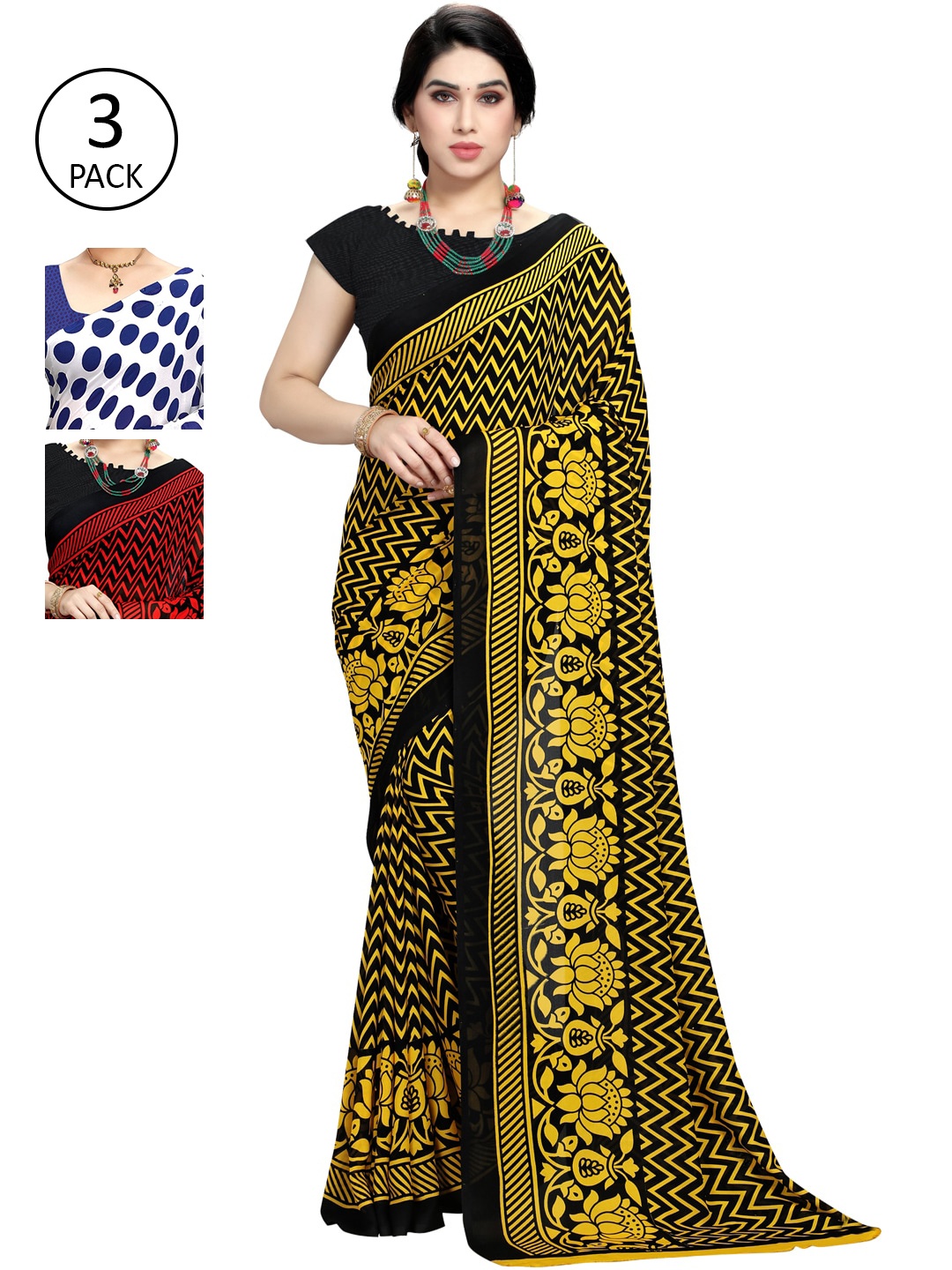 

KALINI Pack Of 3 Multicoloured Printed Sarees, Yellow