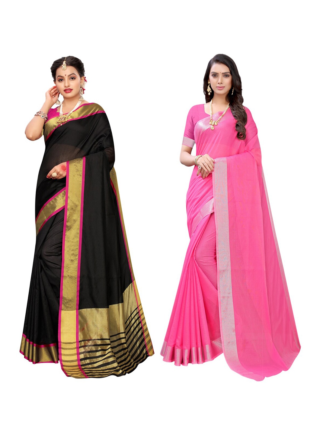

KALINI Pack Of 2 Black & Pink Zari Sarees