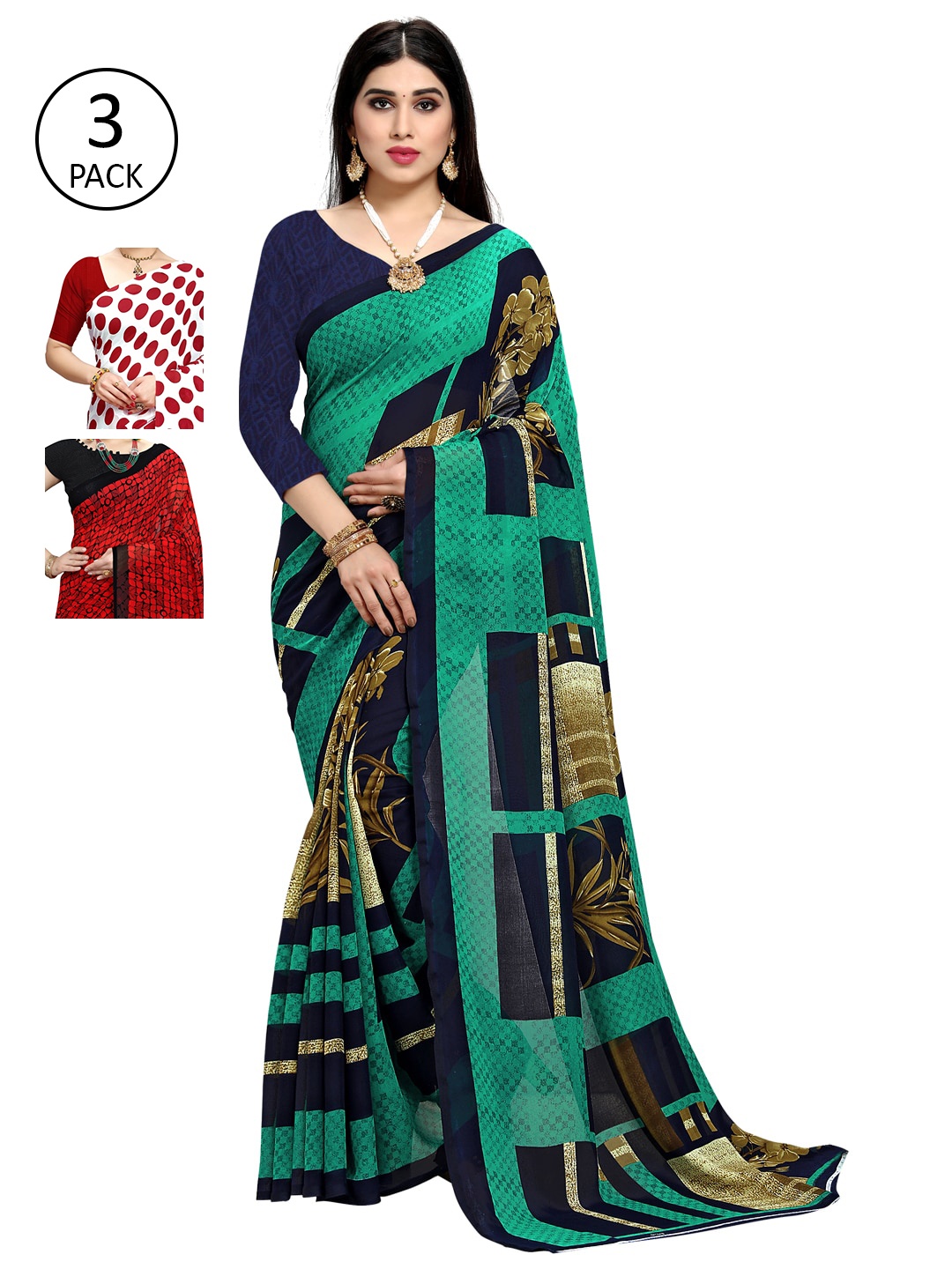 

KALINI Pack Of 3 Printed Poly Georgette Sarees, Green
