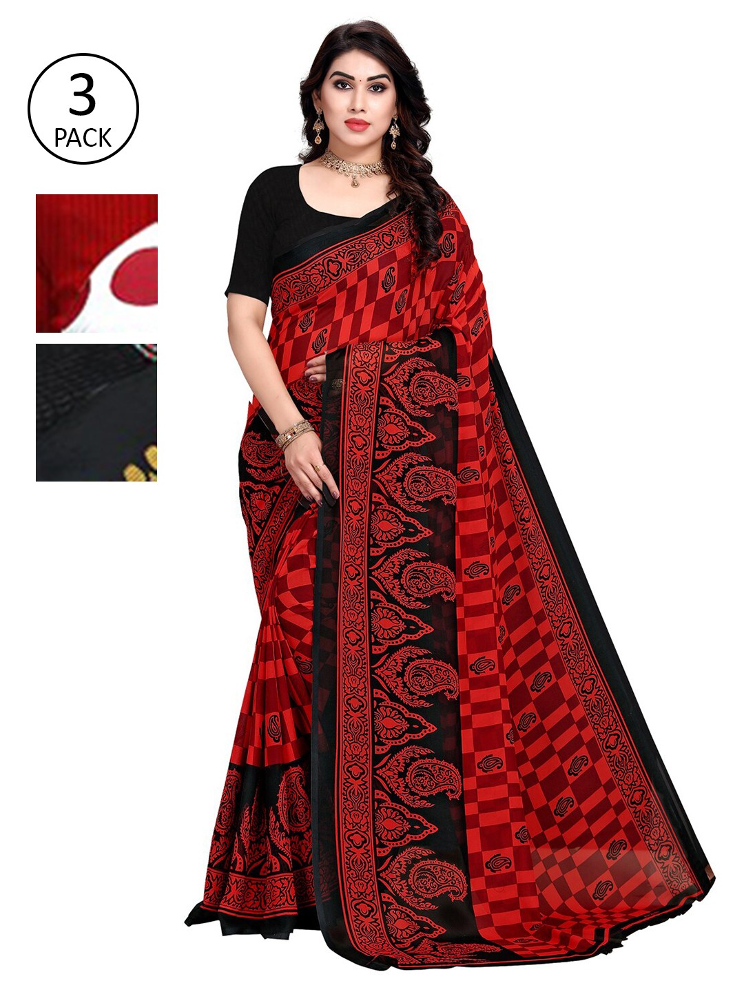 

KALINI Multi Printed Georgette Daily Wear Sarees-Pack of 3, Red
