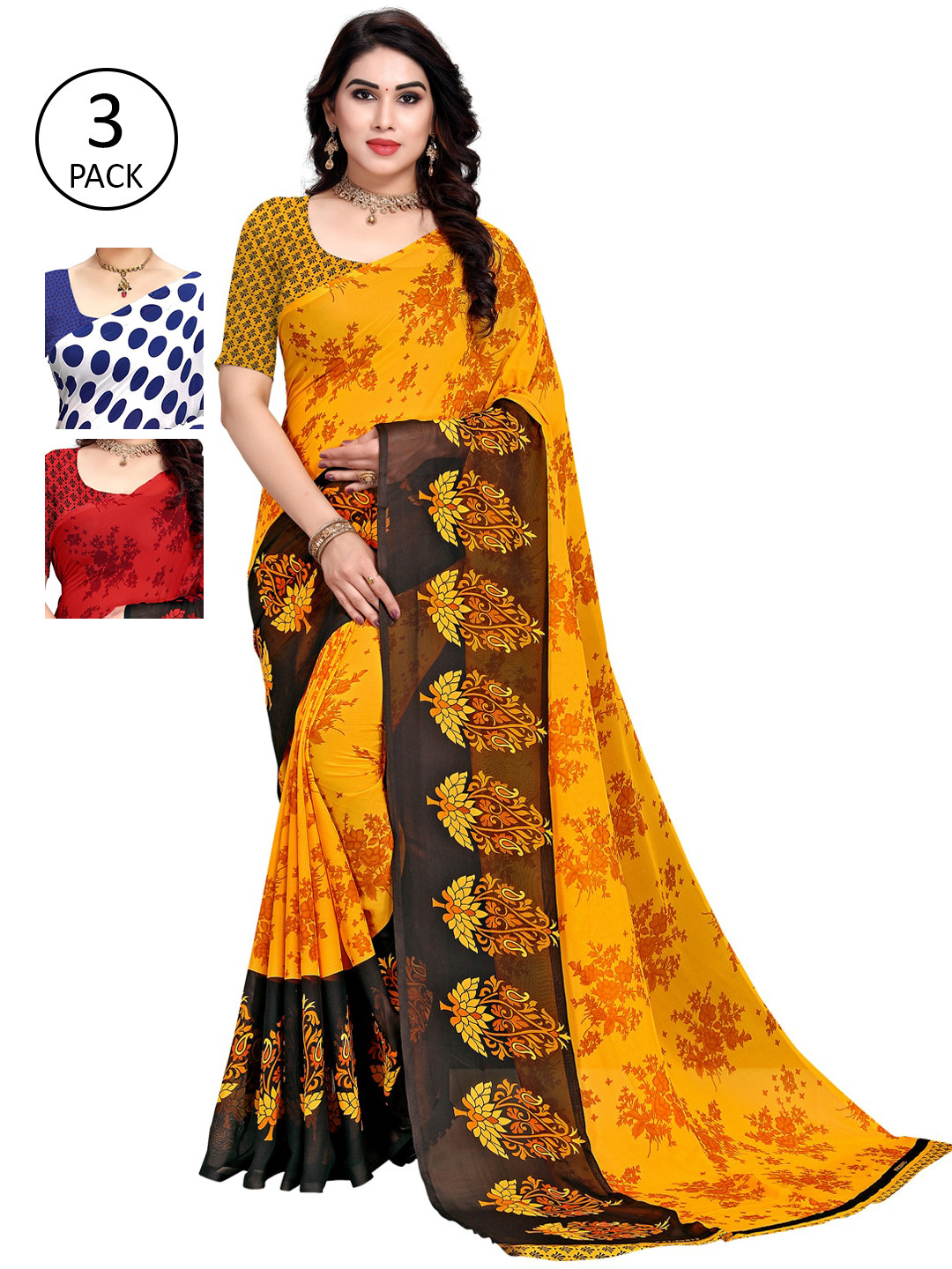 

KALINI Set of 3 Yellow, Blue & Red Printed Sarees