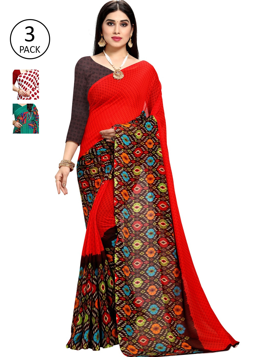 

KALINI Pack Of 3 Sarees, Red