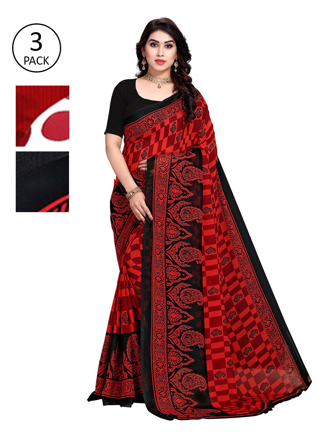 

KALINI Multicolor Georgette Printed Daily Wear Saree With Unstitched Blouse(Pack of 3), Black